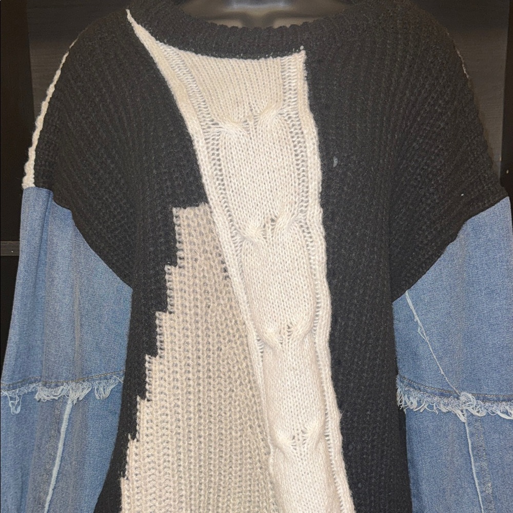 Colorblock Sweater with Denim Sleeves